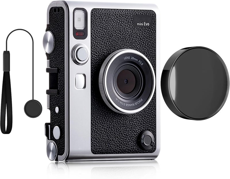 Rieibi Lens Cap for Fuji Mini Evo, Fuji Mini Accessories for Fuji Mini Evo Lens Cover with Anti-Loss Rope, PC Material Mini Evo Lens Cap with Flocking Internal - Black - Image 1